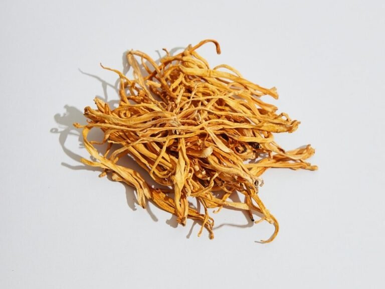 a pile of dried yellow flowers on a white surface